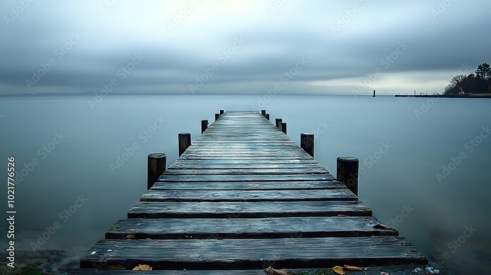 Obraz premium A wooden dock amidst a water body, shrouded by cloudy skies and distant lighthouse