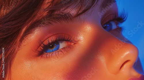  Close-up of a woman's face with blue eyes and long eyelashes on a blue background