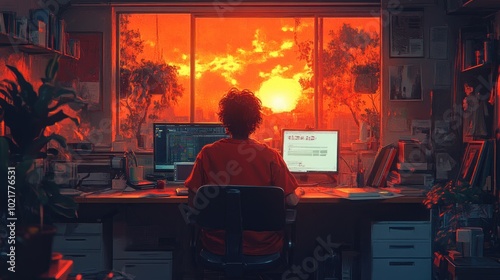 A young man sits at his desk, working on his computer as the sun sets outside the window.