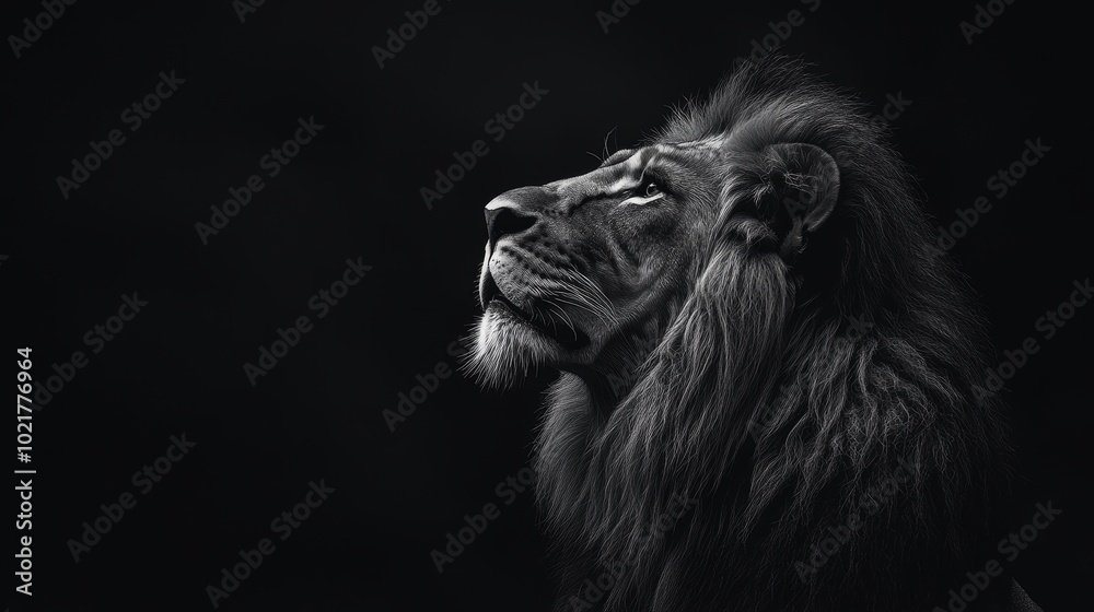 Fototapeta premium Black and white lion with a black background. King of the jungle.