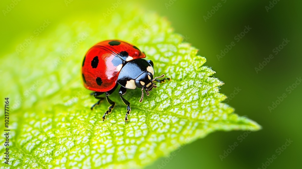 Fototapeta premium Ladybug Crawling on a Bright Green Leaf, Macro Photography of a Ladybug in Nature Generative AI