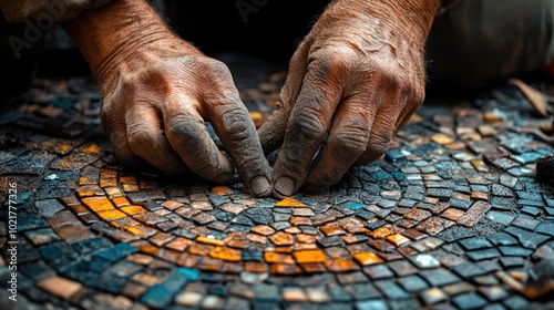 Close-up of two hands working on a mosaic tile floor.