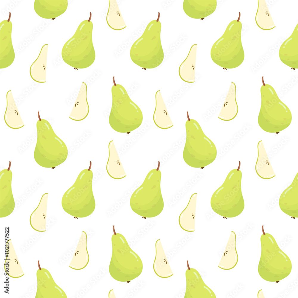 Green pear seamless pattern. Juicy summer fruit, vitamin, diet, healthy food. Vector design isolated on white background Green pear seamless pattern. Juicy summer fruit, vitamin, diet, healthy food. Vector design isolated on white background