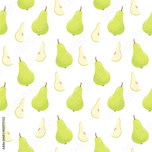 Green pear seamless pattern. Juicy summer fruit, vitamin, diet, healthy food. Vector design isolated on white background	
