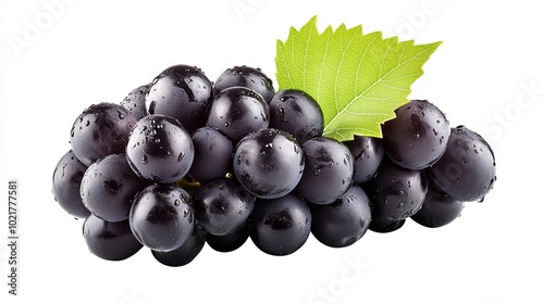 Black grapes with a leaf isolated on a white background. The image has a clipping path, making it easy to remove the background and use the grapes in other designs.