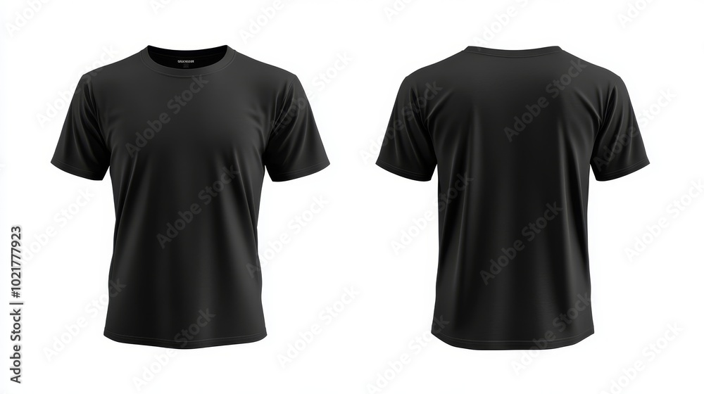 Black t-shirts front and back view. T-shirts design template isolated on white background. Black t-shirts front and back view. T-shirts design template isolated on white background.