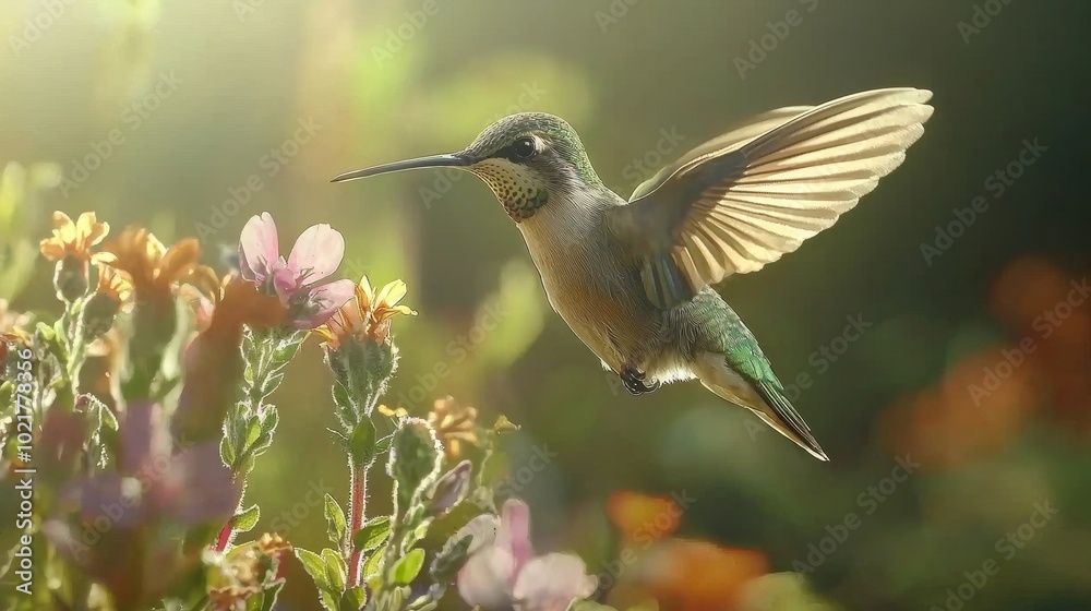 Obraz premium Hummingbird Hovering Near a Flower in Mid Air Generative AI