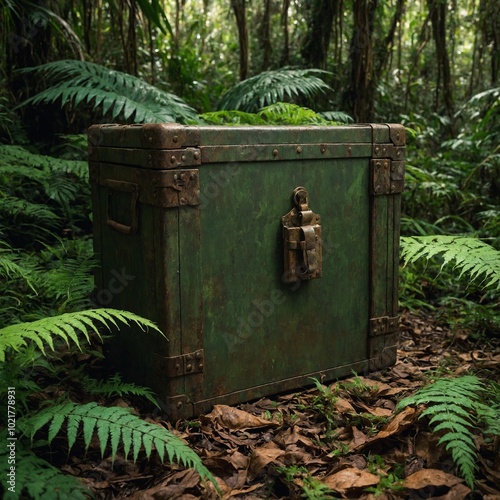 Old, rusted metal container or chest in lush, green forest with large fern plants surrounding it