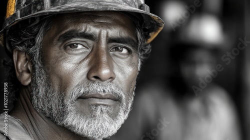 A close-up portrait of a construction worker wearing a hard hat, looking intently at the camera.