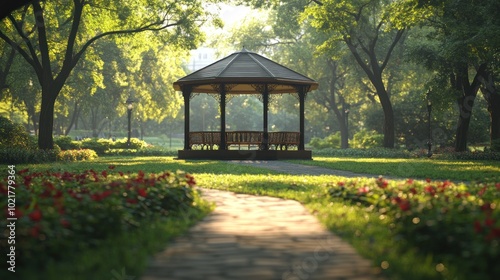 A wooden gazebo with a stone path leading up to it in a lush green park on a sunny day. photo