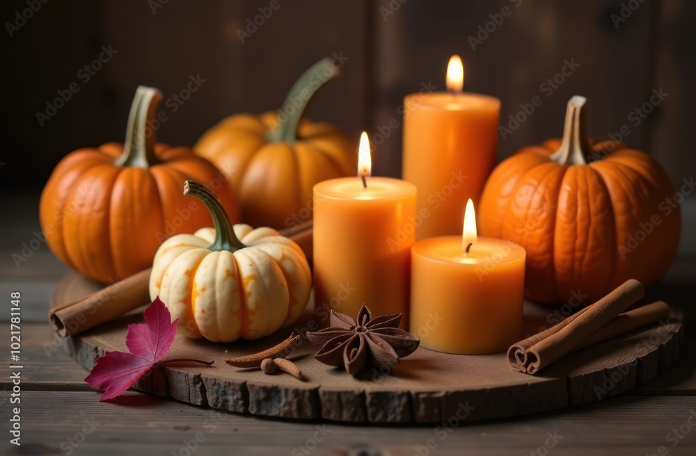 Autumn still life image with lit candles, pumpkins, and various spices on a rustic wooden background. Autumn still life image with lit candles, pumpkins, and various spices on a rustic wooden background.
