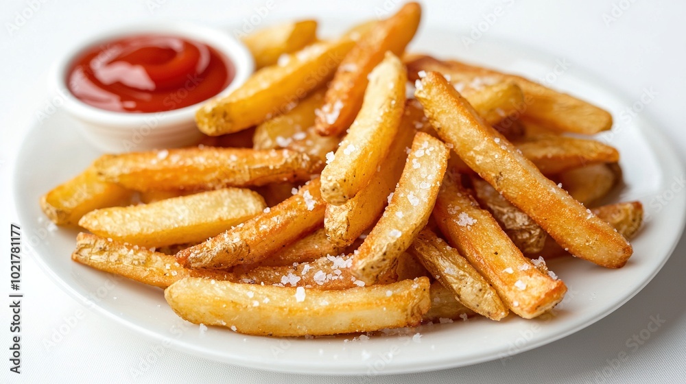 French fries and ketchup on white plate in small ketchup bowl French fries and ketchup on white plate in small ketchup bowl