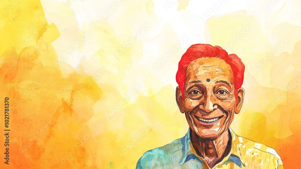 Fototapeta premium Old Indian Man with Red Straight Hair watercolor illustration.