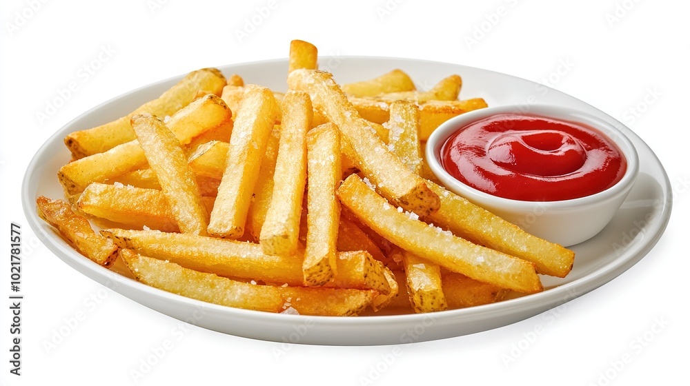   A white plate holds a plate of French fries with ketchup and ketchup against a white background