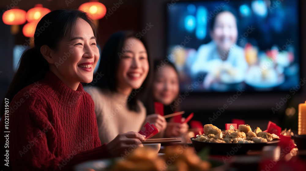 A large screen shows multiple family members gathered on Zoom for a Lunar New Year feast. Each virtual participant has a festive background with red envelopes, gold coins, and trad A large screen shows multiple family members gathered on Zoom for a Lunar New Year feast. Each virtual participant has a festive background with red envelopes, gold coins, and trad