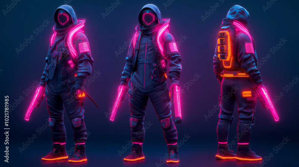 A futuristic warrior in a neon-lit suit with glowing weapons. A futuristic warrior in a neon-lit suit with glowing weapons.