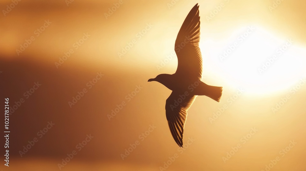 Naklejka premium Bird in Flight Against a Vibrant Sunset Sky, Symbolizing Freedom and Nature Generative AI