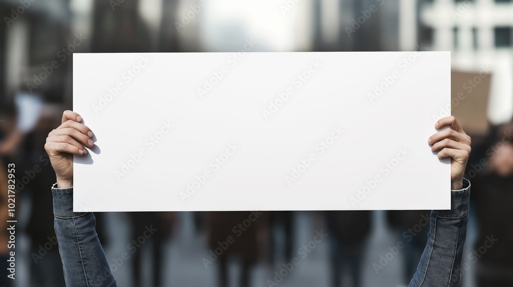 Individual Proudly Holding a Blank Protest Sign High Above Their Head in a Diverse Crowd During a Public Demonstration Event Individual Proudly Holding a Blank Protest Sign High Above Their Head in a Diverse Crowd During a Public Demonstration Event