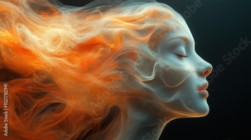 A woman's face with flowing orange smoke for hair, looking ethereal and calm.