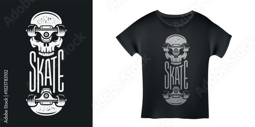 Skateboarding t-shirt design with aggresive skull and skate slogan. Urban skating. Skateboard typography. Vector vintage illustration.
