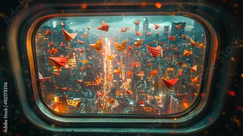 A view from a window of a city skyline with paper airplanes flying in the air.