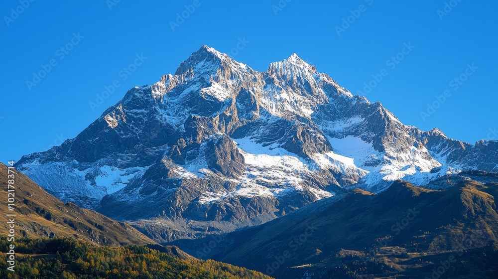 Serene Snowcapped Mountain Peak Against Clear Blue Sky Generative AI Serene Snowcapped Mountain Peak Against Clear Blue Sky Generative AI