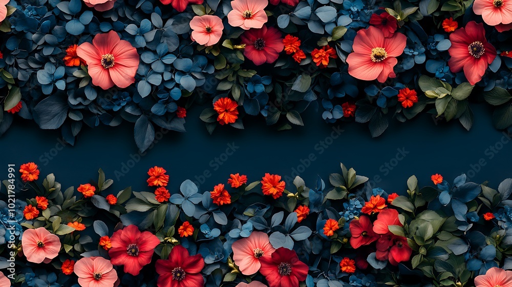 Floral border pattern with red and pink flowers on a dark blue background Floral border pattern with red and pink flowers on a dark blue background