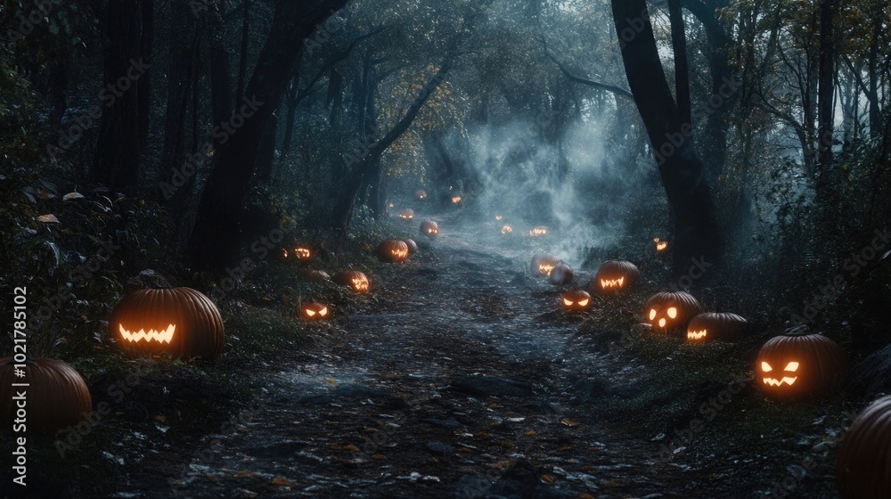 A haunted forest path lined with glowing pumpkins and mist swirling around A haunted forest path lined with glowing pumpkins and mist swirling around