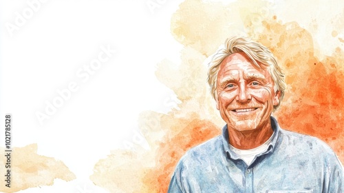 Old Latino Man with Blond Straight Hair watercolor illustration.