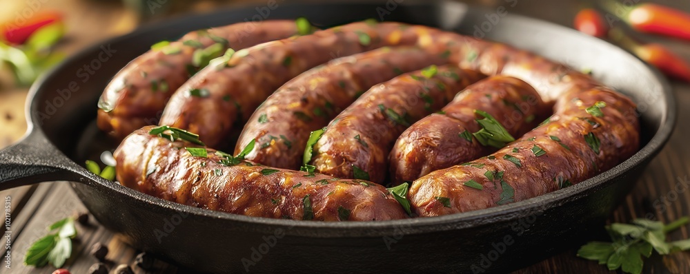 Deliciously Juicy Sausages Sizzling in a Cast Iron Pan, Perfectly Cooked for a Flavorful Meal Experience Deliciously Juicy Sausages Sizzling in a Cast Iron Pan, Perfectly Cooked for a Flavorful Meal Experience