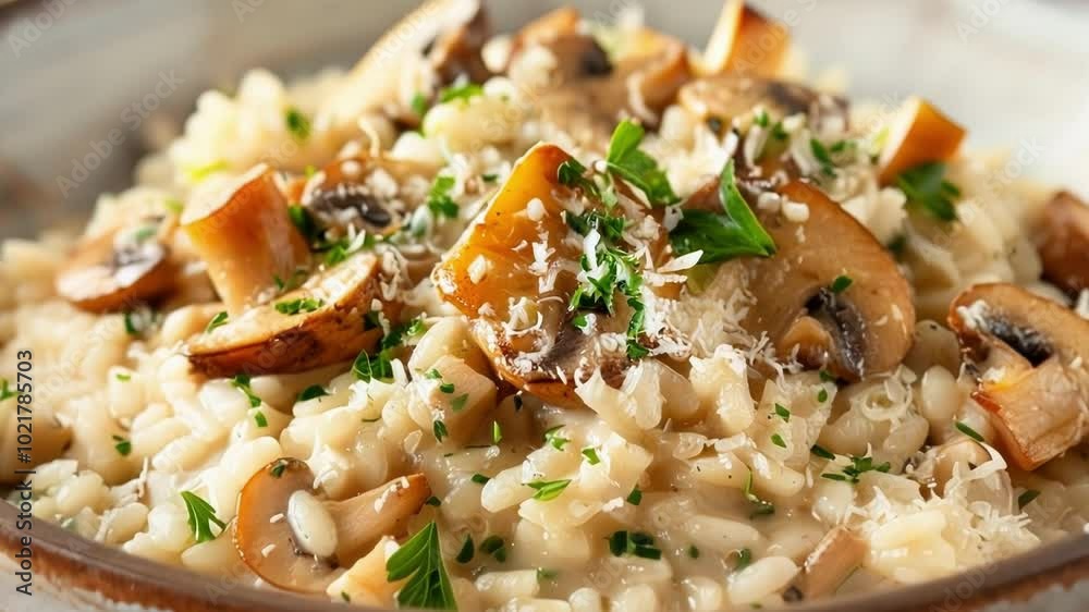 Savor the aroma of steaming mushroom risotto topped with parsley and parmesan cheese, perfect for a gourmet lunch or dinner on a wooden table Savor the aroma of steaming mushroom risotto topped with parsley and parmesan cheese, perfect for a gourmet lunch or dinner on a wooden table