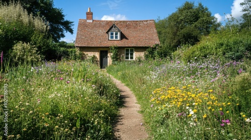 Fototapeta Naklejka Na Ścianę i Meble -  A quaint, stone cottage sits at the end of a narrow dirt path, surrounded by a vibrant wildflower meadow on a sunny day.

