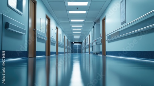 A modern hospital corridor with bright overhead lights and polished floors, leading to patient rooms