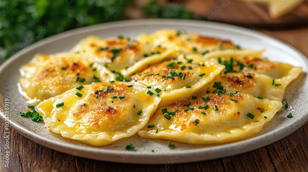 Close-up of traditional Polish pierogi on a white plate, featuring delicious ravioli with chives and ground meat Close-up of traditional Polish pierogi on a white plate, featuring delicious ravioli with chives and ground meat