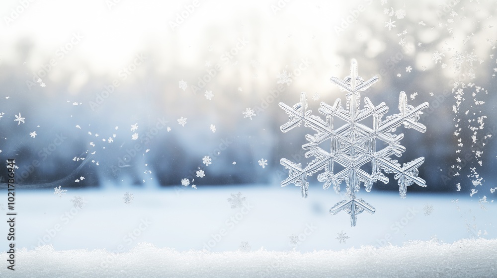Closeup of a Single Snowflake on Soft Snowy Background in Morning Light, Unique Ice Crystal Detail Closeup of a Single Snowflake on Soft Snowy Background in Morning Light, Unique Ice Crystal Detail