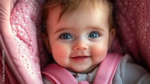 Award-winning close-up portrait of a cute, happy baby girl smiling in a pink stroller at the park, enjoying a sunny day outdoors with bright eyes and cinematic lighting