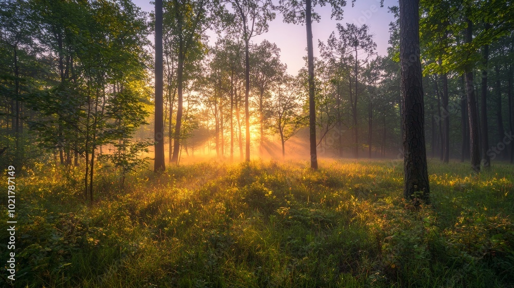 Fototapeta premium Misty Forest Floor at Dawn, Nature Landscape for Travel and Environment Concepts Generative AI