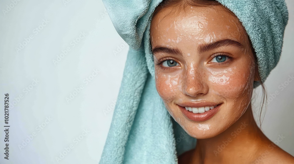 Radiant portrait of a beautiful young woman with a towel on her head, smiling after washing her face, embodying the beauty and spa concept, isolated on a white background with ample copy space Radiant portrait of a beautiful young woman with a towel on her head, smiling after washing her face, embodying the beauty and spa concept, isolated on a white background with ample copy space