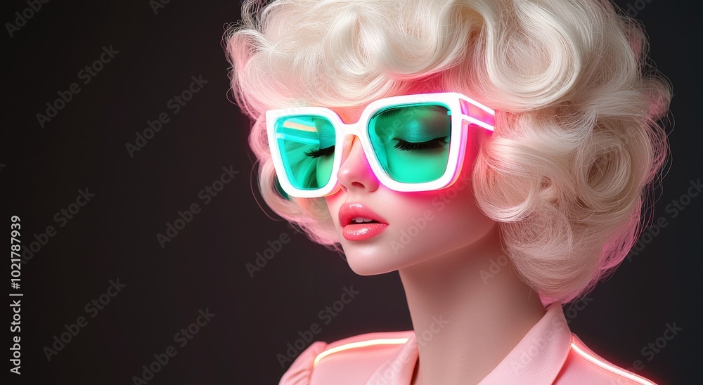 An adolescent party girl with long blonde curly hair wearing striped neon sunglasses, against a black background with copy space, wearing generative stock. An adolescent party girl with long blonde curly hair wearing striped neon sunglasses, against a black background with copy space, wearing generative stock.
