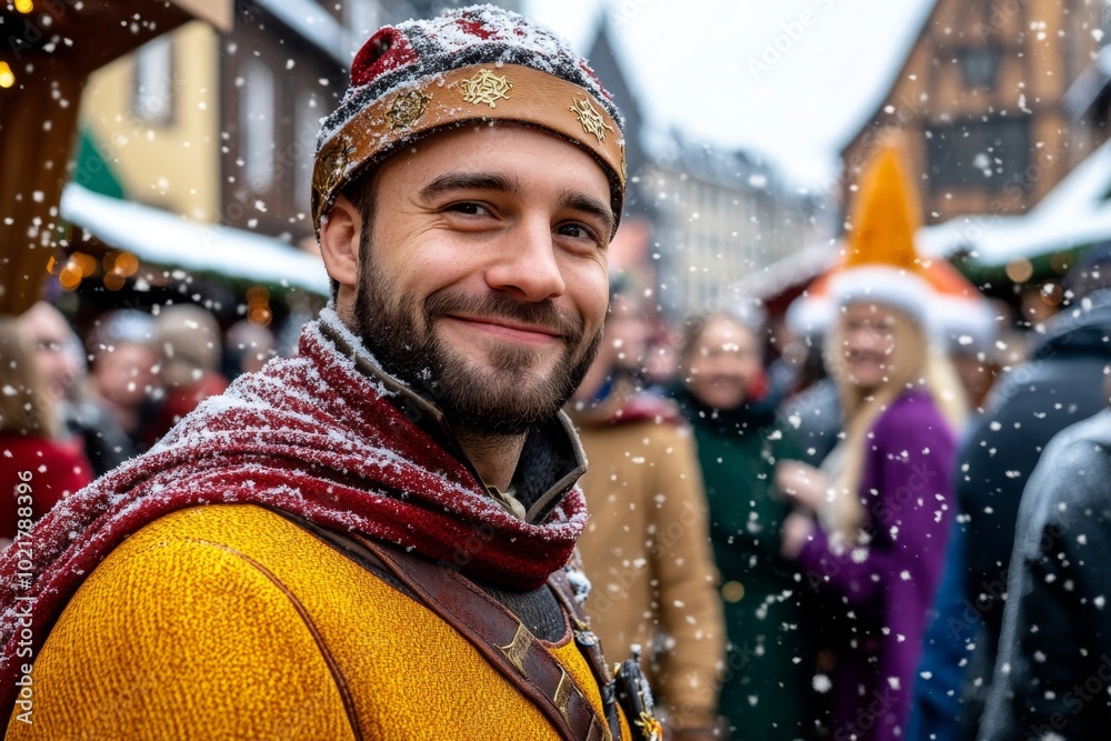 Cheerful Medieval Festival Man Smiling in Snowfall at Vibrant Winter Market Cheerful Medieval Festival Man Smiling in Snowfall at Vibrant Winter Market