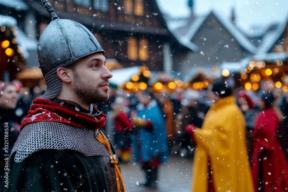 Medieval Festival: Knight Embraces Winter in Authentic Chainmail Amid Snowy Village Medieval Festival: Knight Embraces Winter in Authentic Chainmail Amid Snowy Village