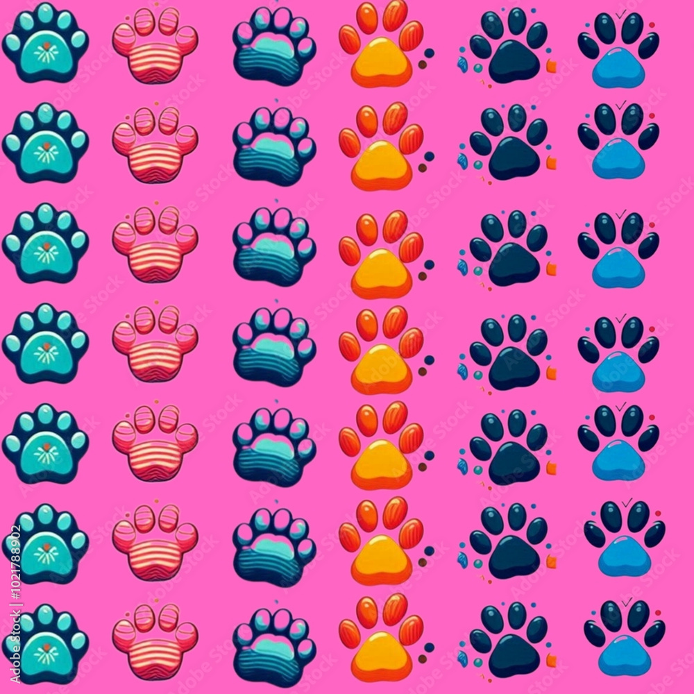 Fototapeta premium A Multicolor Dog Paw Silhouette. Seamless Pattern with multicolor Dog Paws Background 
