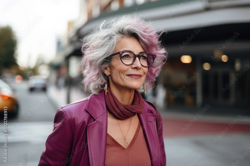 Portrait of a beautiful middle-aged woman with pink hair and glasses in the city. Portrait of a beautiful middle-aged woman with pink hair and glasses in the city.