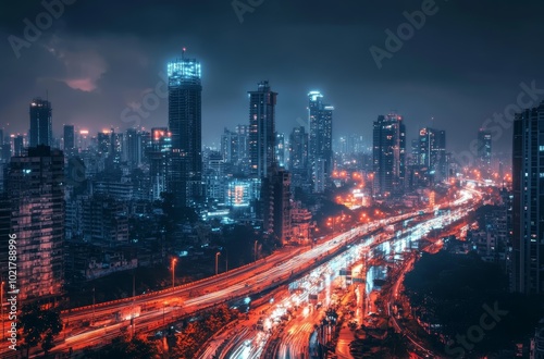 Wallpaper Mural A bustling urban landscape showcases a bright city skyline at night, filled with traffic and illuminated skyscrapers Torontodigital.ca