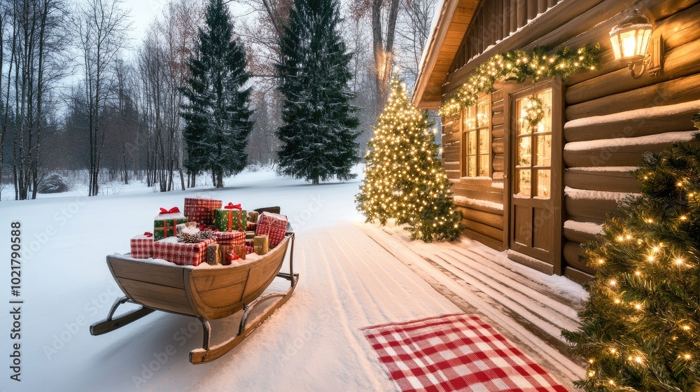 Delight in the festive atmosphere of a Christmas porch with a classic sleigh filled with gifts, surrounded by greenery and glowing lights, all set against a snowy backdrop. Delight in the festive atmosphere of a Christmas porch with a classic sleigh filled with gifts, surrounded by greenery and glowing lights, all set against a snowy backdrop.