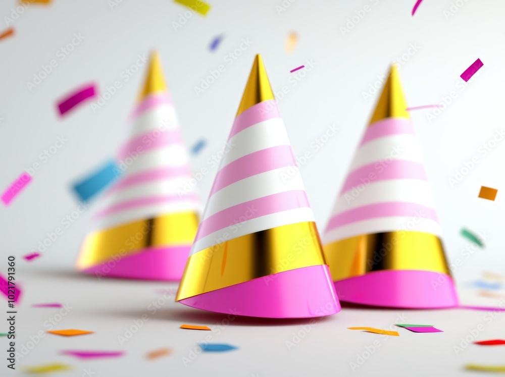 A minimalist party concept with a party hat and gold confetti on white. An illustration in 3D. A minimalist party concept with a party hat and gold confetti on white. An illustration in 3D.