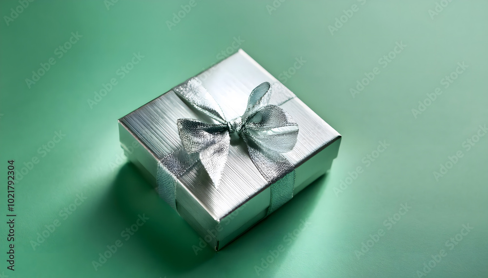 Small Gift Box with Silver Ribbon on green Small Gift Box with Silver Ribbon on green
