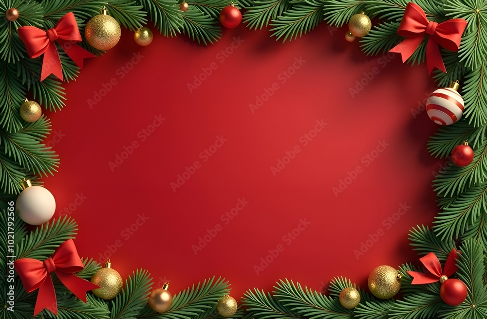 Christmas frame with fir branches, bows and balls on red background. Copy space. Christmas frame with fir branches, bows and balls on red background. Copy space.