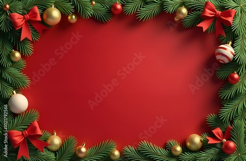 Christmas frame with fir branches, bows and balls on red background. Copy space. photo