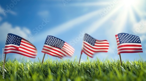 A row of small American flags planted in green grass, with rays of sunlight shining through a blue sky